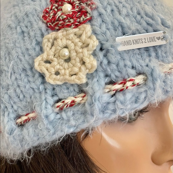 Hand Knits 2 Love Beanie Hat Cap Flowers Pearls  Sky Blue Designer Braid Femnin main image 6